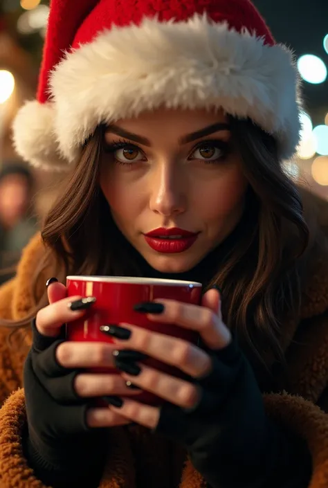 A woman holding a cup in her hand with very  
long black pointy nails.  at the Christmas market . looking at the viewer , Santa Claus hat, watm clothing 