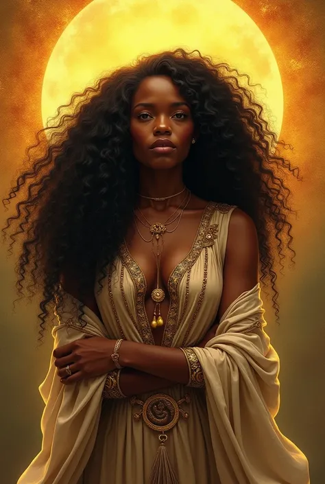 Image of the Norse goddess Freya , Black girl with curly black hair and the sun behind her 
