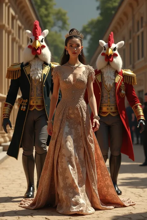 Beautifull france Royal princess with Royal body guard ROOSTERS hybrid form masculine body with Royal suit walking toward camera between of royal Palace of france 