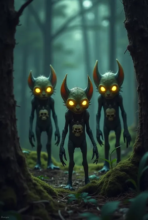 Small, hooded creatures, glowing yellow eyes, hunchbacks, skull necklace, faceless, pine forest, gremlin like creature