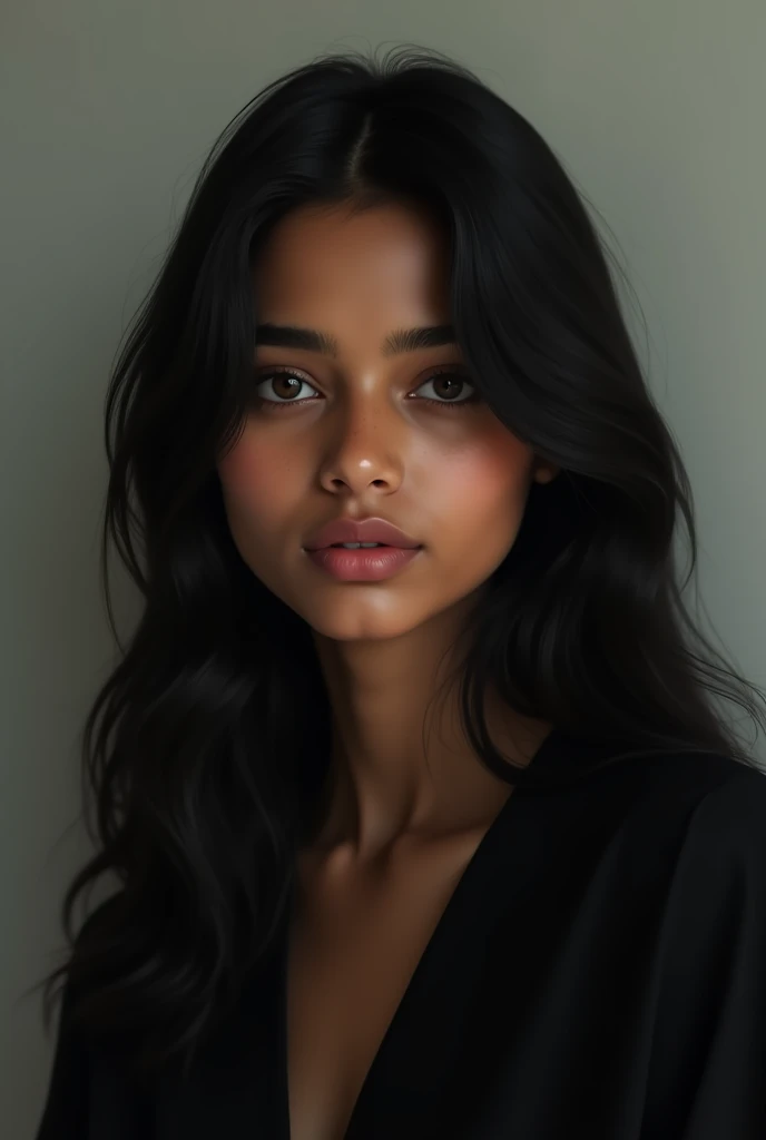 (photorealism:1.2), brown sri Lankan girl, all black outfit, dark feminine energy, brown skin, brown eyes, long black hair, face little chubby perfect lips, perfect eyebrows 