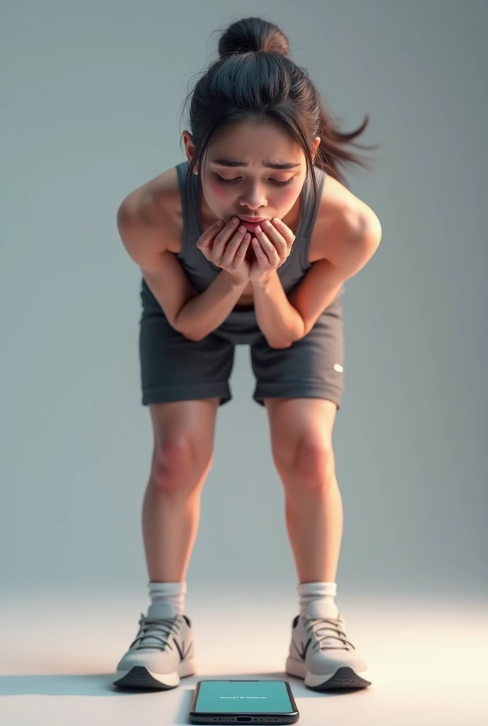  The image shows a 3D avatar , of a woman in sportswear initially represented with a hunched posture,  saggy shoulders and a fatigued facial expression .  Your skin has a paler tone ,  and the eyes appear opaque ,  as if you were visualizing exhaustion .  ...