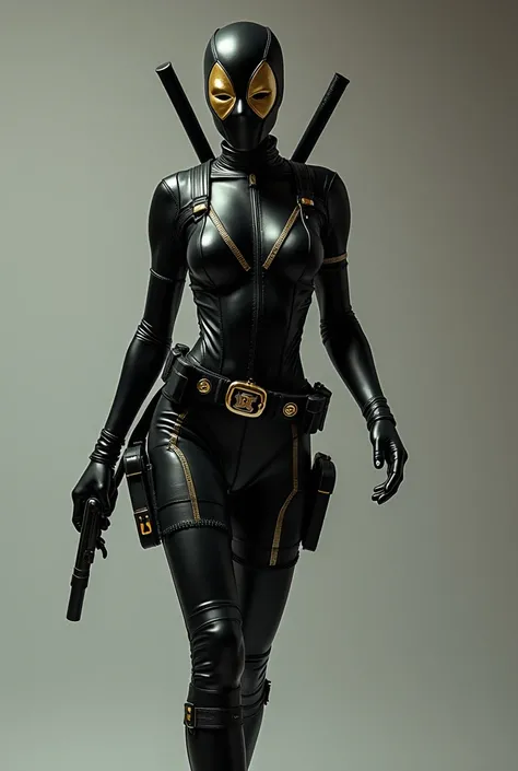 Lady deadpool wearing black latex suit and mask with golden pattern on suit walking toward camera
