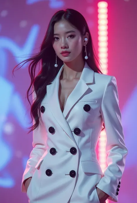 Kpop girl with stage performance in ear monitors(iems) and wearing white double breasted jacket coat with six black buttons(full body)(emphasize iems)