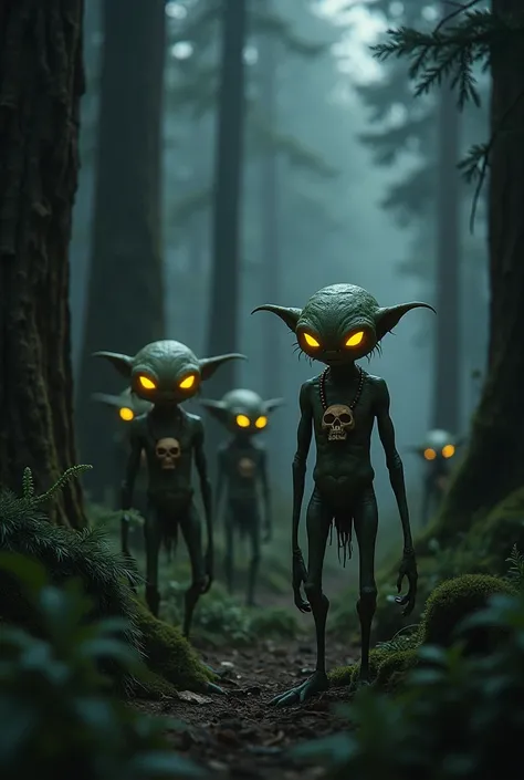 Small, hooded creatures, glowing yellow eyes, hunchbacks, skull necklace, faceless, pine forest, gremlin like creature