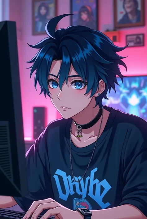 adult man. Streaming a videogame on his computer. Almond eyes. Full lips. Black hair with blue locks on his forehead. Bangs part in the middle of his forehead. Short hairstyle. Fluffy voluminous and messy hair. Bangs parts in the middle and stop at eye lev...