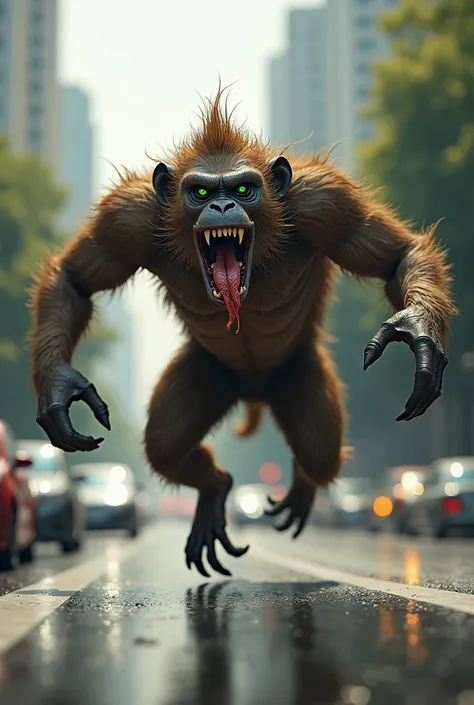 mutant monkey ,  with protruding teeth, big fangs,  green eyes.  Throwing saliva from the mouth ,  ready to kill . Jumping between cars on a road