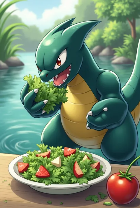 Garchomp eating salad
