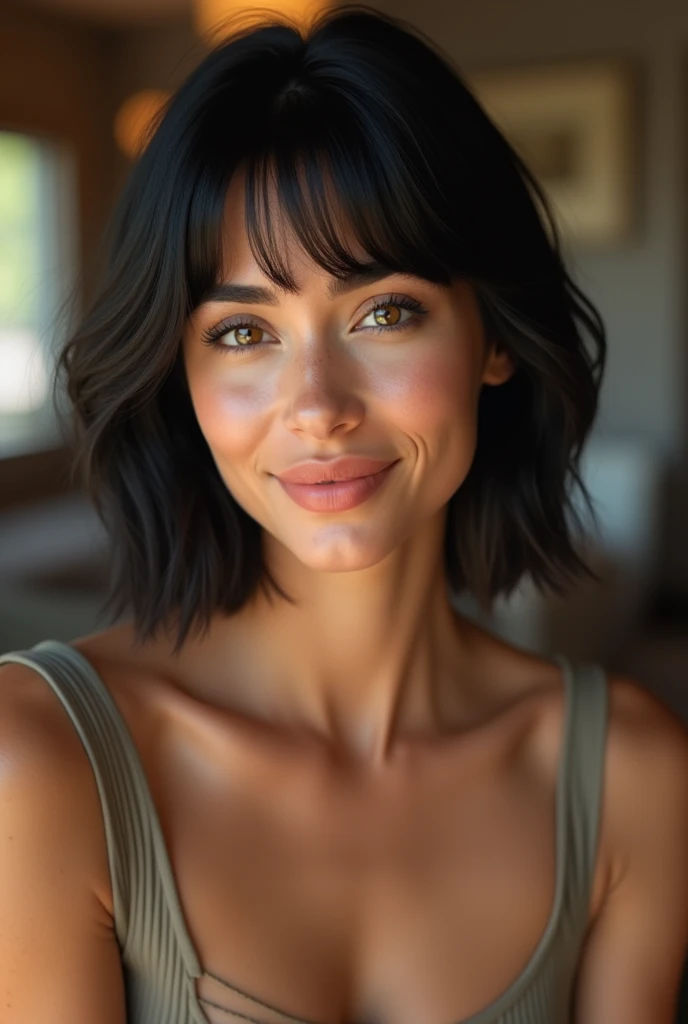 A hyper-realistic and ultra-detailed depiction of a stunning woman in her early 30s, rendered in 4K resolution. She has short, glossy jet-black hair styled into a perfectly symmetrical, sharp bob that ends just below her jawline, creating a striking frame ...