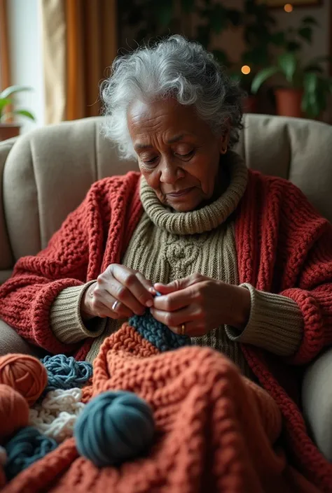 generate the picture of an old black lady sitting in a sofa crocheting, with some yarn surrounding her