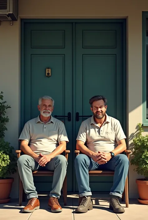 Two men sitting casually in front of the boarding room door