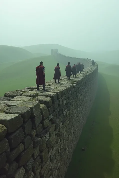 A vast stretch of Hadrians Wall, built of large stones, with Roman soldiers standing guard. In the background, rolling hills and the misty British landscape. The soldiers wear Roman armor, and there’s a misty atmosphere.