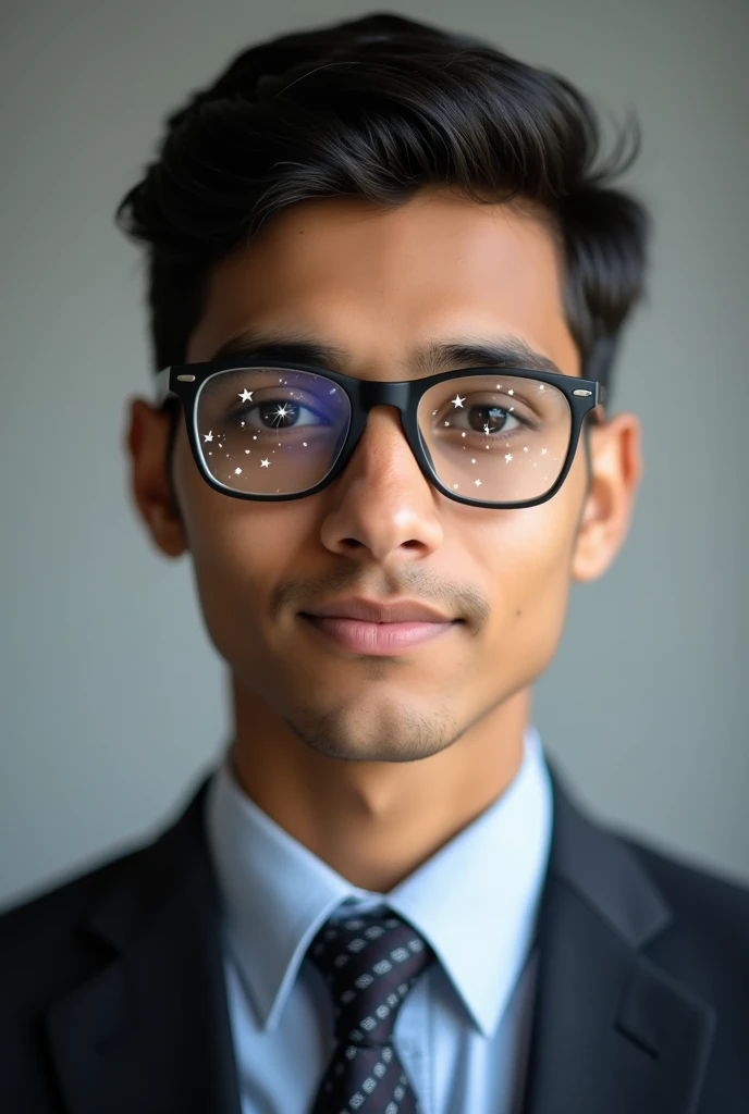 The model is wearing 21 year old indian boy With fair skin Wearing spectacles and narrow body Posing for a linkedin picture in formalsglass sunglasses with stars and the moon on the glass