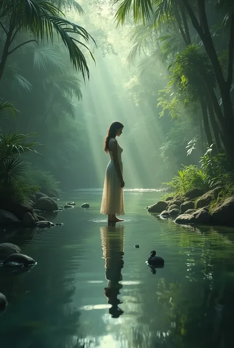 As dawn breaks over the rainforest, Layla in traditional white lace dress gazes into a tranquil pool of water, only to find her reflection starting to fade away. The jungle seems to hold its breath as the morning light grows stronger, and she feels a deep ...