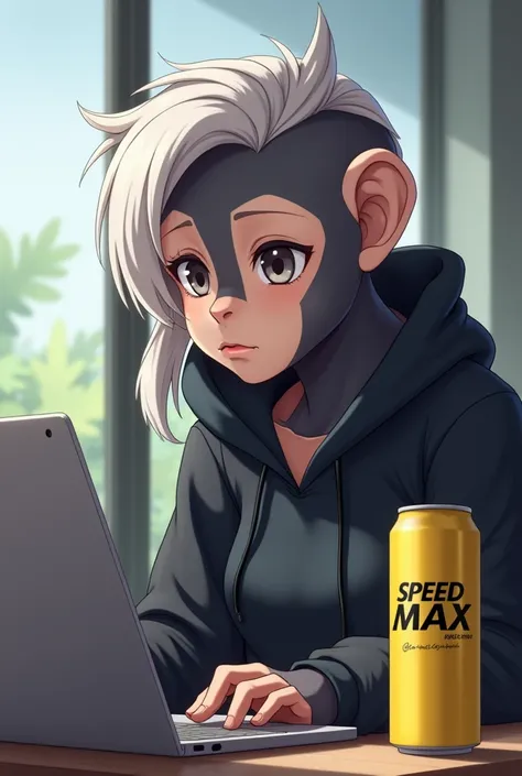 Anime-like image of a female ape with a laptop
With a lock of white hair
That I have a yellow can of Speed Max on my desk
May it be tender

