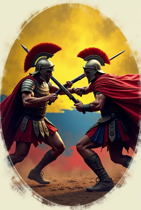 Two Spartans fighting  ,  with a rifle and a dagger against the background of the Ecuadorian flag All this enclosed in a circle 