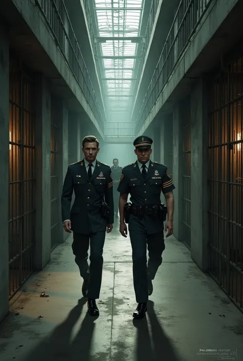 I want the image of two security guards walking in a cell corridor in a prison