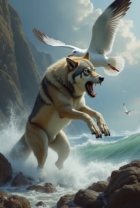 represents in a real drawing a wolf and a seagull colliding