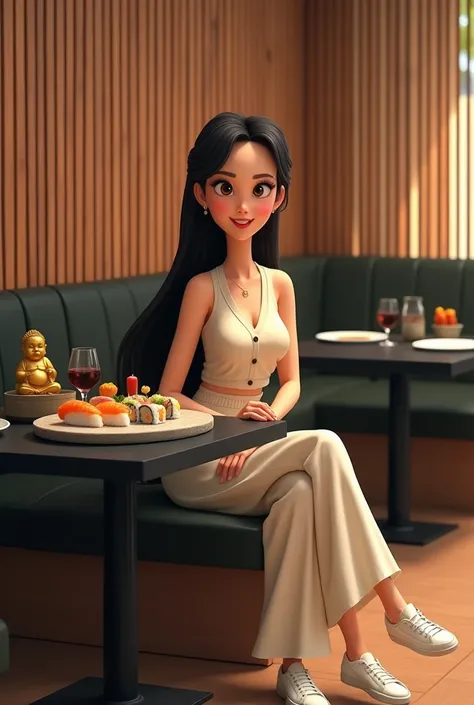 Woman 30 years, long straight black hair, wearing creme short sleeveless buttoned v vest and creme long loose trousers with white sneakers. At Sushi restaurant with wood slat paneling in walls, black rectangular tables, sitting on black leather upholstered...