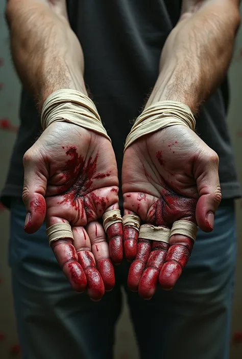 Bloody mens hands with bandages .  Let the bandages pull part of the knuckles