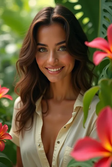  A very beautiful brunette Brazilian woman in a lush tropical garden,  wearing a light-colored open shirt , with a close up smiling  , capturing the harmonious beauty between her breasts and natural flowers,  showing her natural charm and outgoing personal...