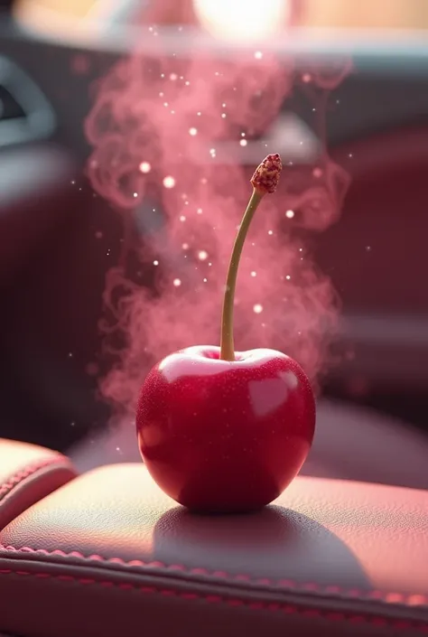 A CHERRY EMANATING A CLOUD OF PINK FRAGRANCE IN A CAR