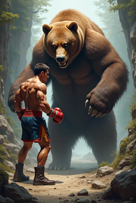 A boxer and a bear facing each other 