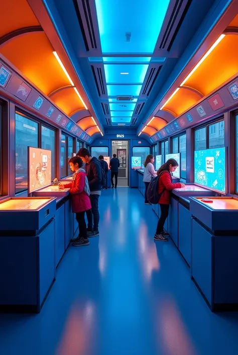 Create me an image of interior design of science exhibition bus. Place 10 table with science modular exhibit on the table.  and people can play with the exhibit. The interior looks attractful with theme color blue and orange. Separate and stand alone table...