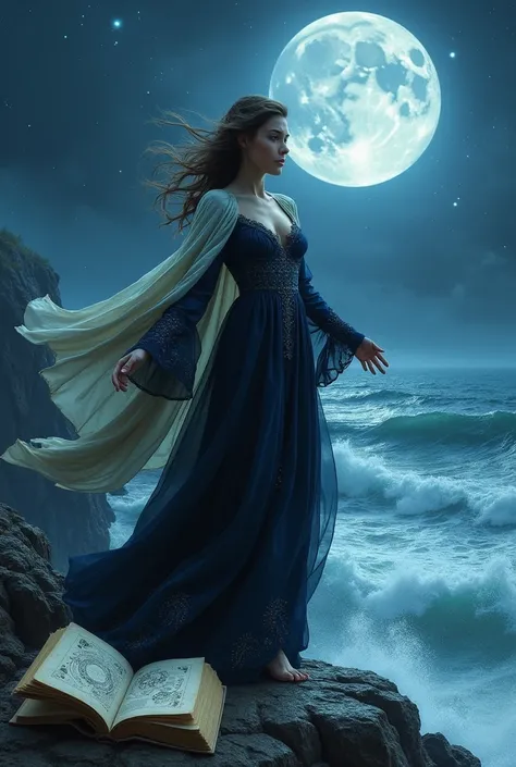  She is on a cliff at the edge of a turbulent ocean ,  with waves crashing against the rocks below .  She wears a long dress in shades of dark blue , almost black,  with details that shine like scales in the light of the full moon .  A light cloak covers h...