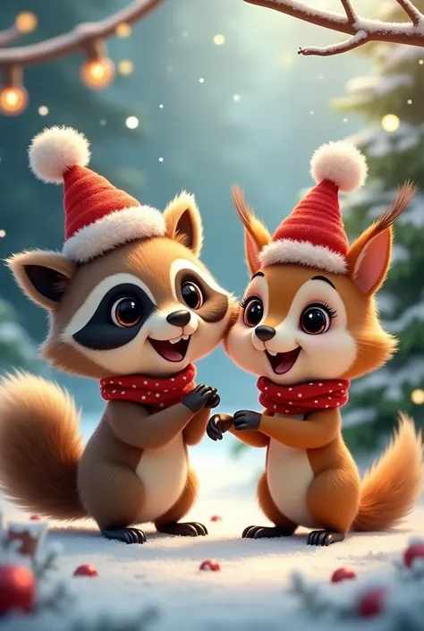 A raccoon and a squirrel in Christmas hats, holiday mood