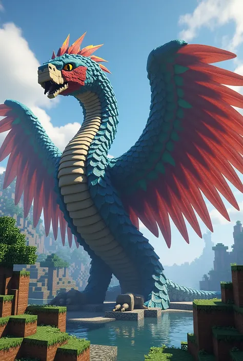  Giant snake with macaw wings and their colors, feathers and their warrior snake style , minecraft style 