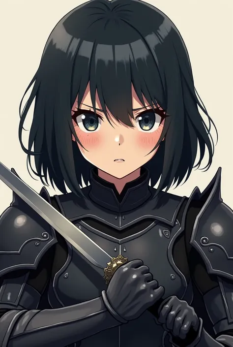  An anime character with black hair, teenager with armor and a knife ,  with a concerned expression 