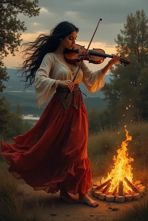 In Hungary in 1756, a gypsy woman with jet-black hair and a dark complexion plays the violin in the gypsy camp in the evening near the fire.