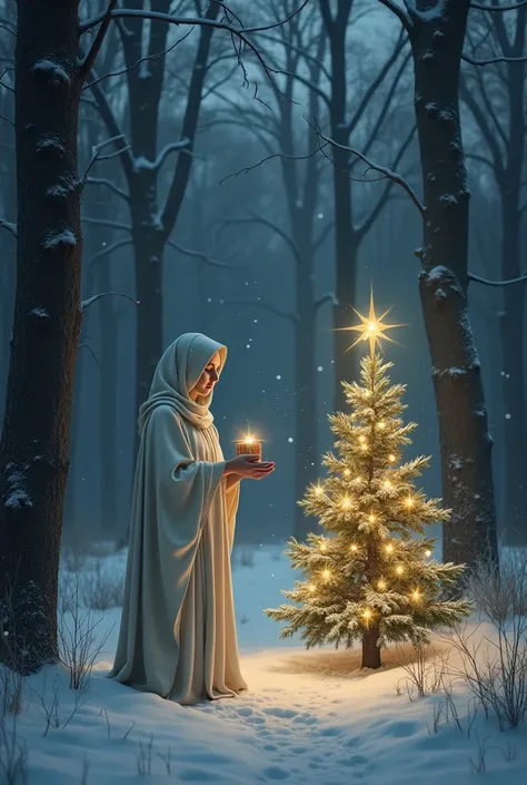 Lady dressed as a saint wearing a tunic in the middle of a dark snowy forest putting a gift under a Christmas tree with bright light