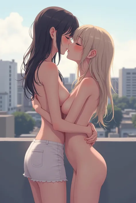 Naked anime girl with her best friend looking at the roof while they kiss
