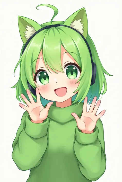  Cute 2d green hair photo, green eyes , headset telinga kucing, green sweater shirt . 
Loli kawai, face greets with waving hands