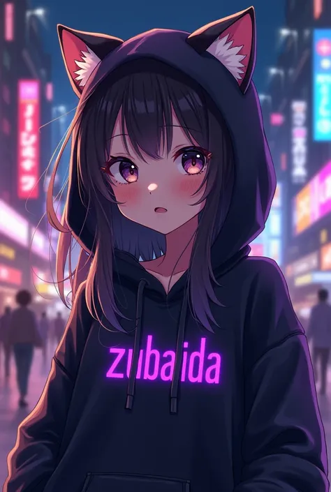 anime girl is wearing black hoodie, with 
cat ears and with a purple text "zubaida" on her clothes, in citylights background, 