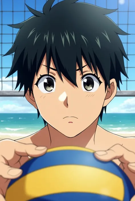 high res, Tobio Kageyama ,haikyuu!!, black hair, solo, 1boy, male, beach, sea, outside, detailed eyes, close up, beach volleyball, full face