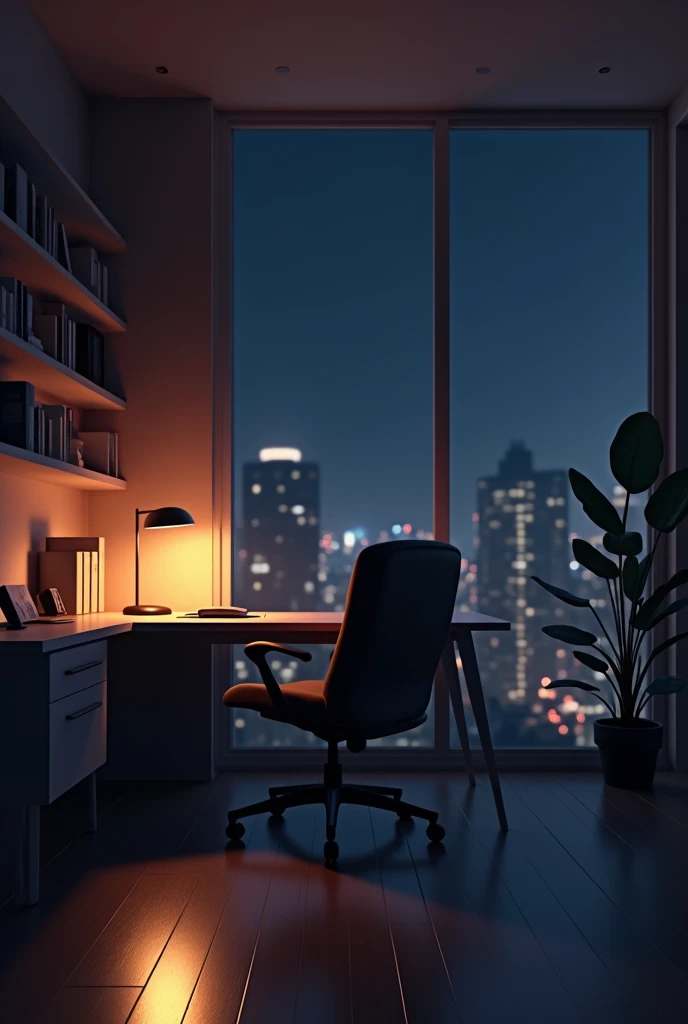 "A 3D illustration of a minimalist office at night, softly lit by a desk lamp and overhead lights. The large desk and ergonomic chair are bathed in the warm glow of the desk lamp, creating a focused atmosphere. The shelves in the background are dimly lit, ...