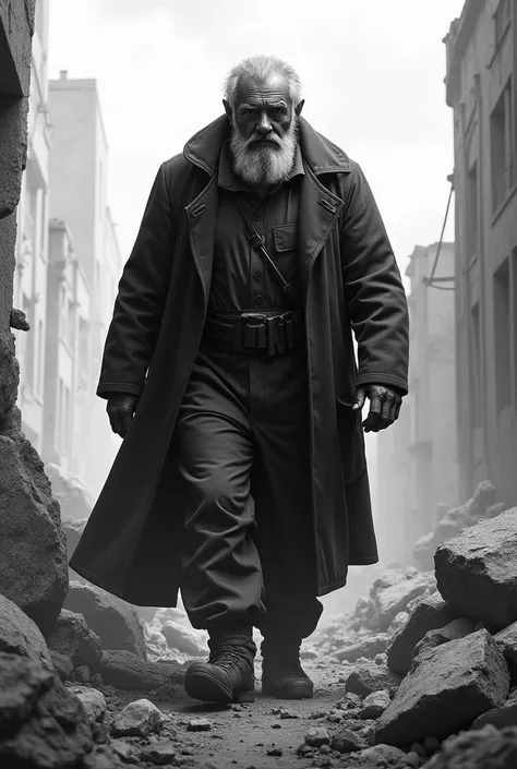 A strong bearded old man in black and white clothes coming from a war
