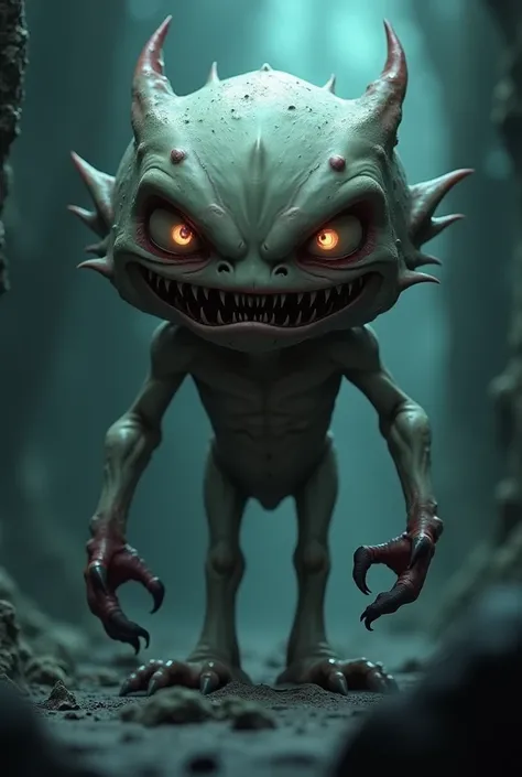 Scary cartoon monster with a closed mouth in 3D