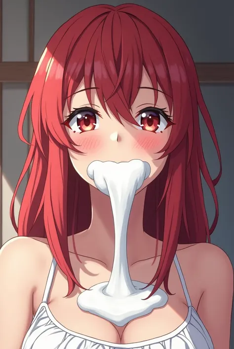 (a woman anime character who is having sex and continues with thick white fluid all over her mouth 