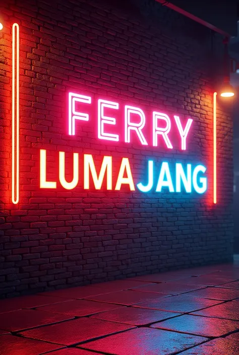 Brick wall with neon light with big  3D text on the wall written "ferry lumajang" glowin