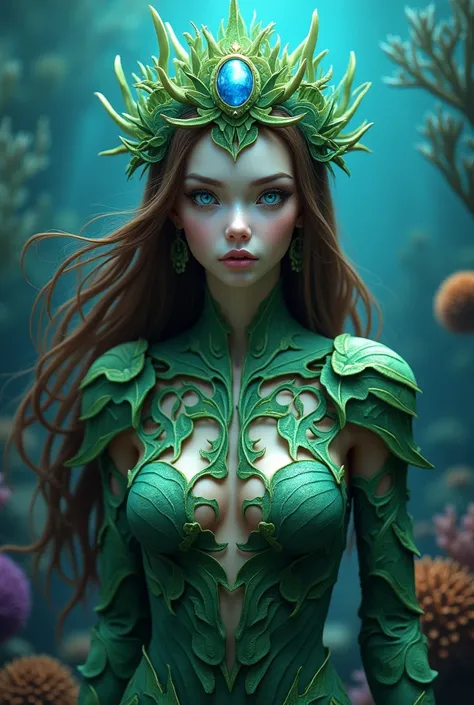 Image is a digital fantasy artwork depicting a female figure with an ethereal, otherworldly appearance. She is portrayed underwater, surrounded by aquatic plants and coral. Her skin is pale, and her facial features are delicate and symmetrical, with striki...