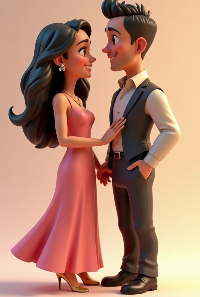 Create animated 3D image of a married couple named Jorge "  pretty tall stocky black hair brown eyes elegant dress elegant shoes pretty womens name acorn " medium height long wavy black hair brown eyes elegant pink dress gold high sandals sarsillos gold ne...