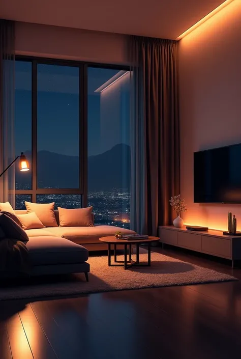 "A 3D illustration of a stylish living room at night, illuminated by soft, warm lighting. The sectional sofa is lit by a low table lamp, casting a cozy glow across the room. A modern flat-screen TV on the wall is off, and the large windows show the dark, s...