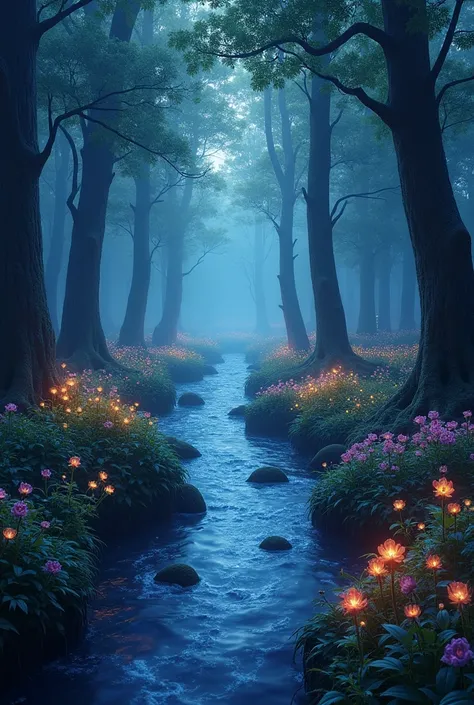 "A mystical, enchanted forest at twilight, with glowing plants, magical creatures like fairies, and a sparkling river running through it. The trees are large, and the atmosphere feels serene yet filled with wonder."
