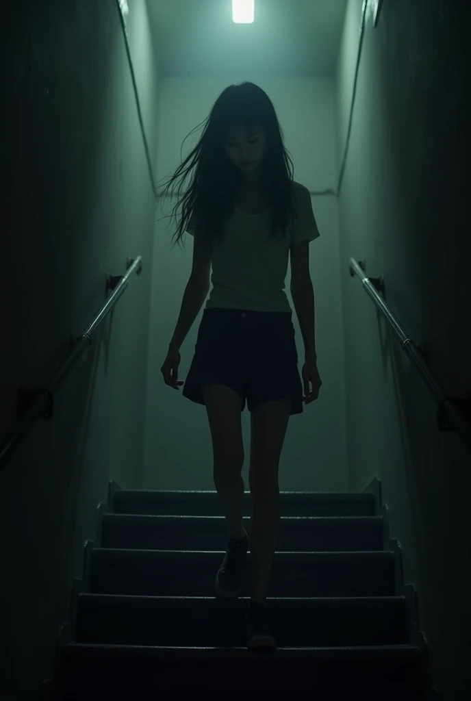 Teenage girl walking down dark stairs 

