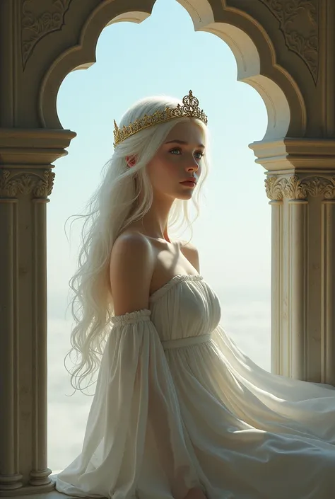 a girl with platinum hair, pale skin and a delicate crown, wearing a white Greek dress in a window in a castle tower