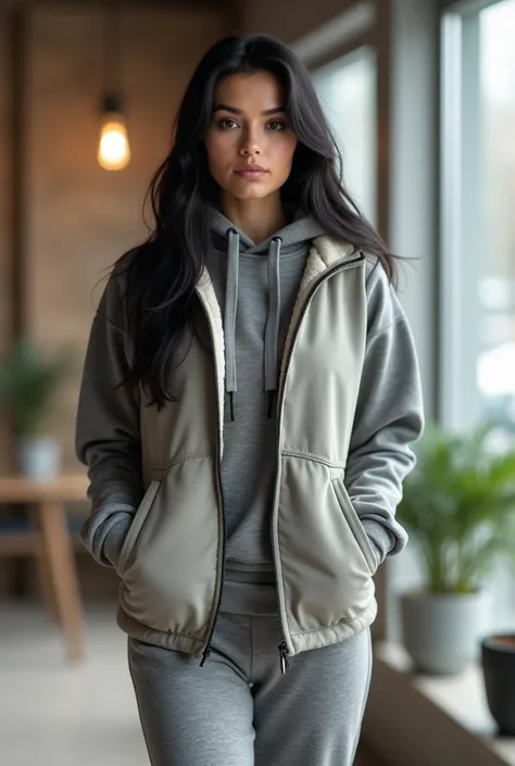 "Create a realistic full-body photo of a confident woman of European descent with long black hair. She is wearing a winter tracksuit identical to the one in the reference video. The outfit consists of:

Pants: Simple and fitted winter sports pants.
Sweatsh...